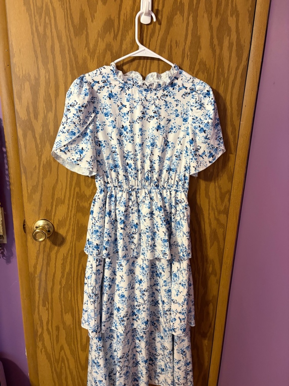 White and Blue Floral Ruffle Tiered Dress